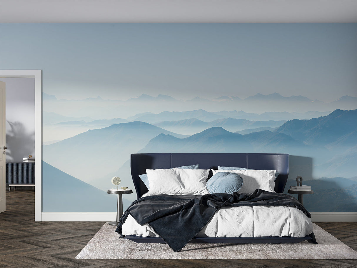 Blue mountain wallpaper in minimalist bedroom showing peaceful mountain peaks vista