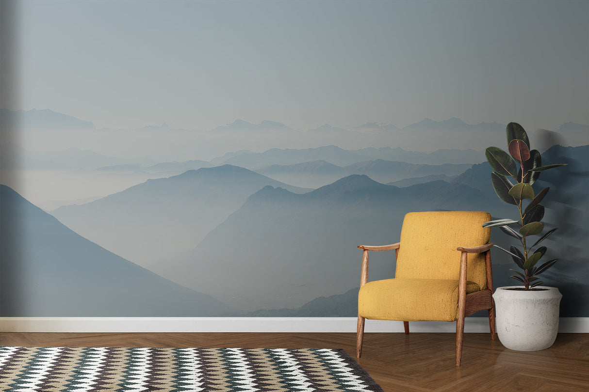 Mountain landscape mural in home office with desk and chair showing scale of peaks