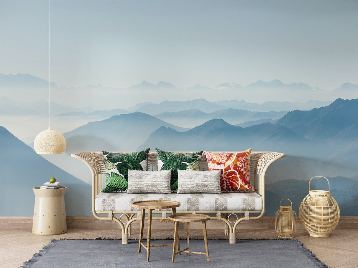 Mountain peak wallpaper installed in meditation room showing serene landscape