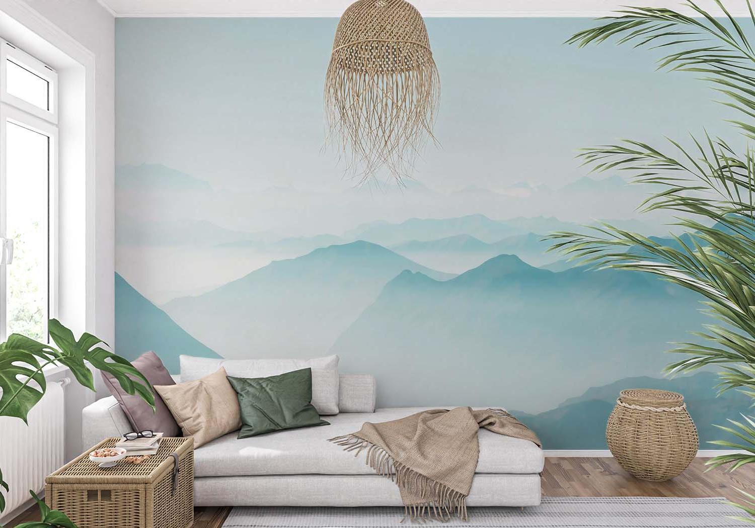 Misty mountain wallpaper in minimalist bedroom setting