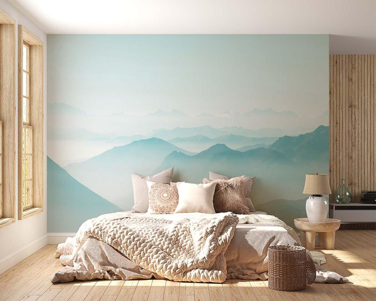Blue mountain landscape mural in home office with desk
