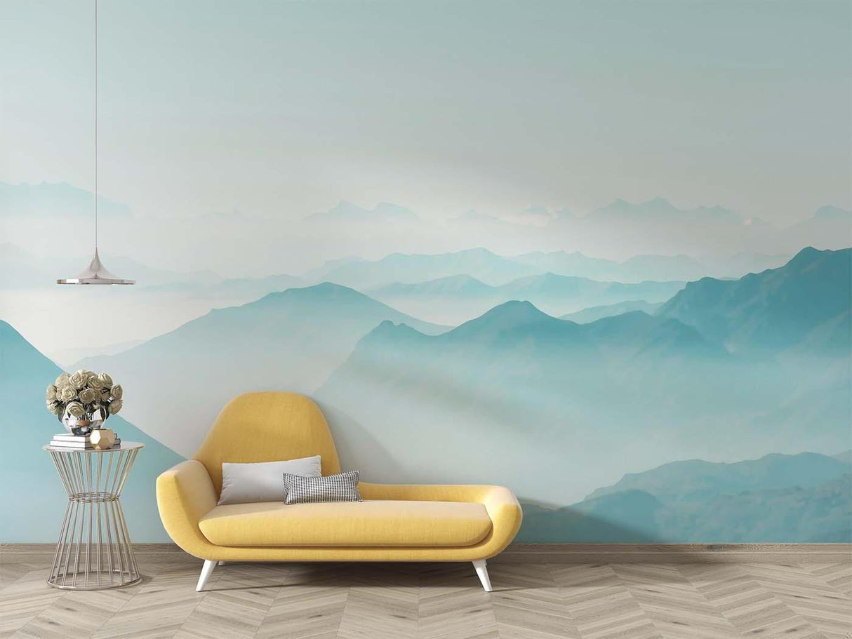 Watercolor mountain wall mural in dining room setting