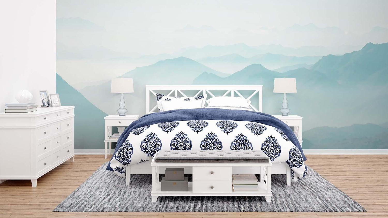Mountain peak wallpaper creating calm atmosphere in meditation room