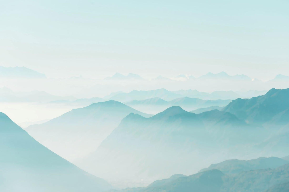 Mountain landscape design file showing full watercolor pattern in misty blue tones