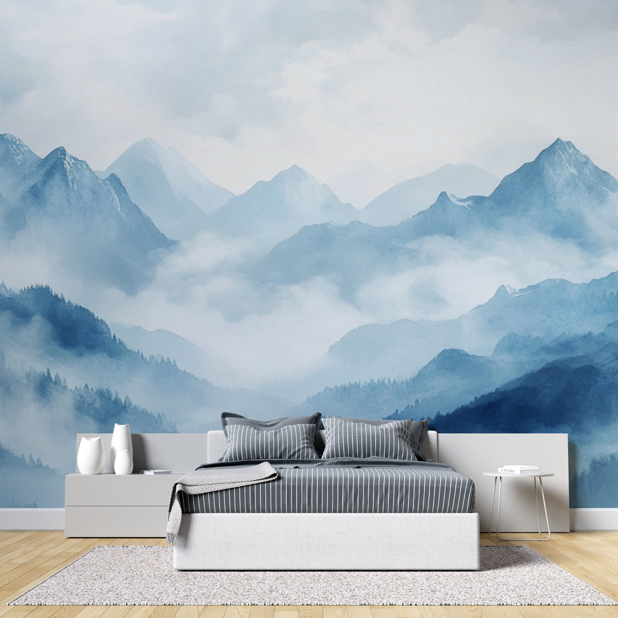 Watercolor mountain wallpaper in cozy bedroom setting with natural light