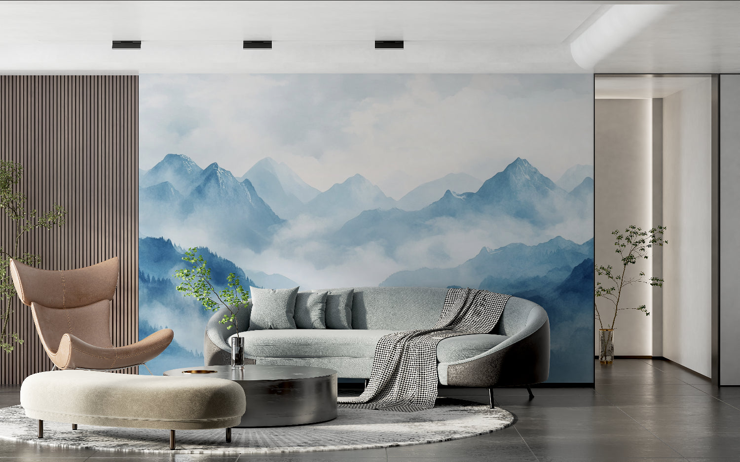 Blue mountain landscape mural in minimalist home office space