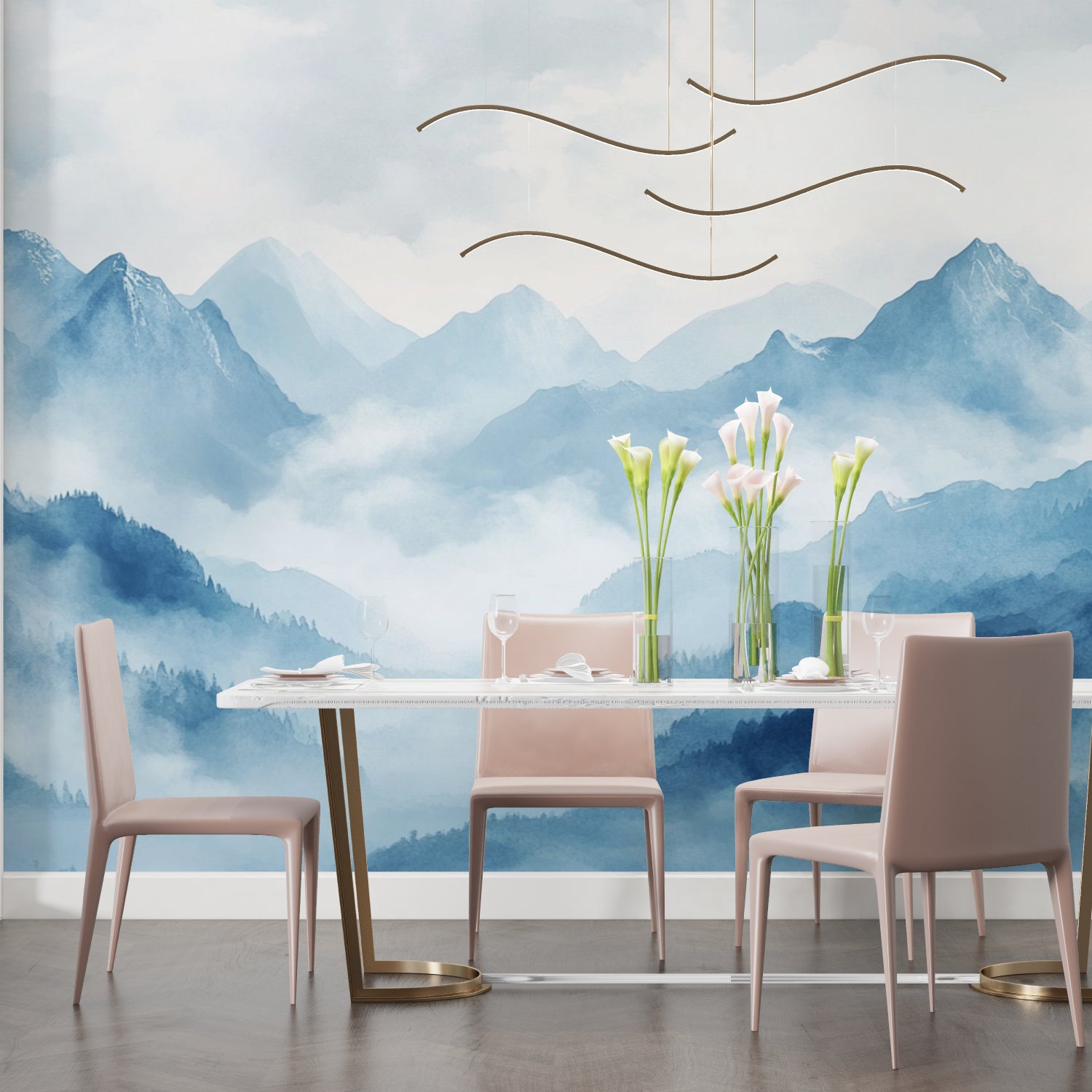 Misty mountain wallpaper adding depth to dining room wall