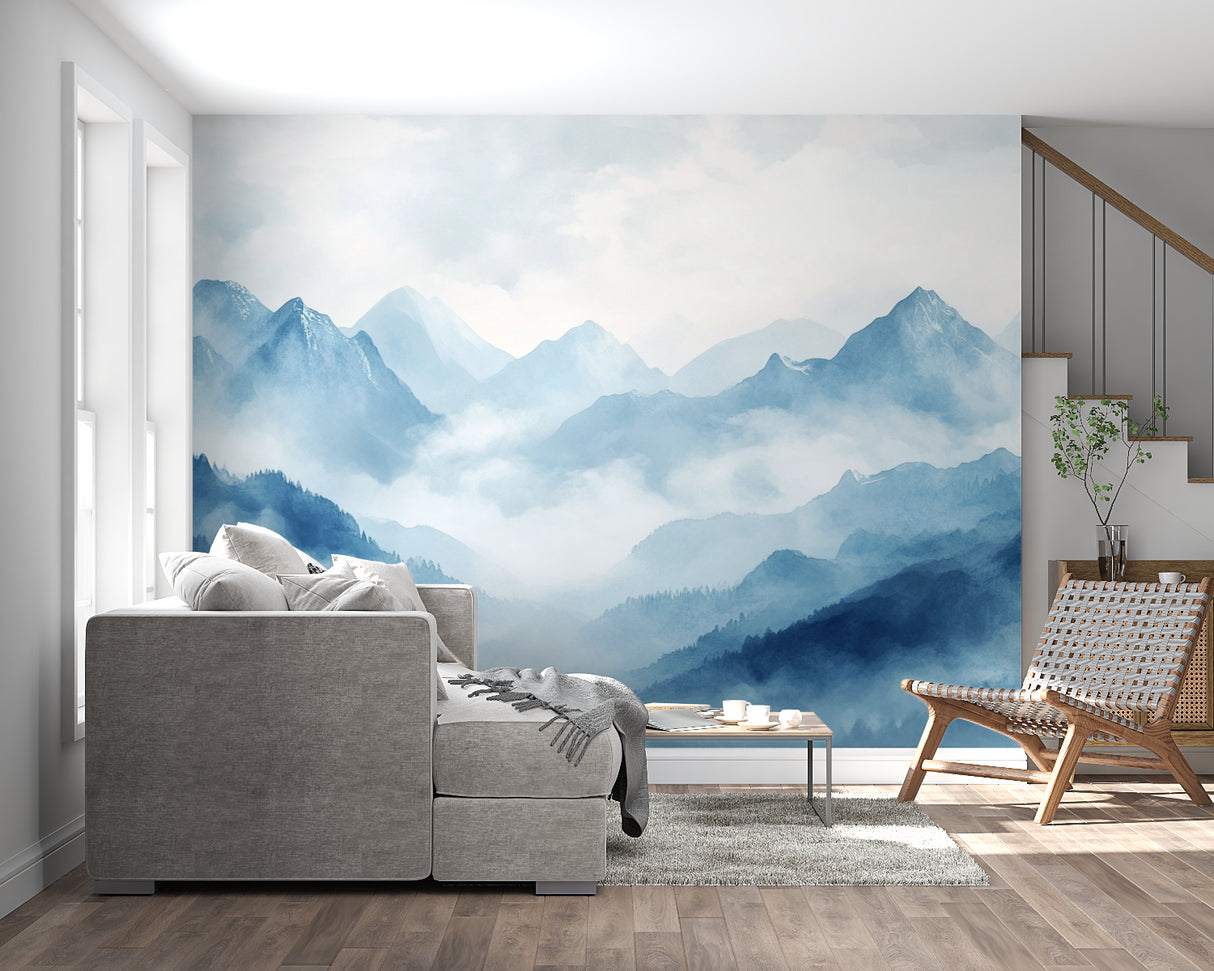 Mountain peaks mural creating focal point in meditation room