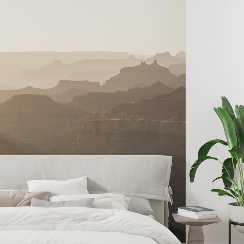 Mountain wall mural in home office with clean desk setup