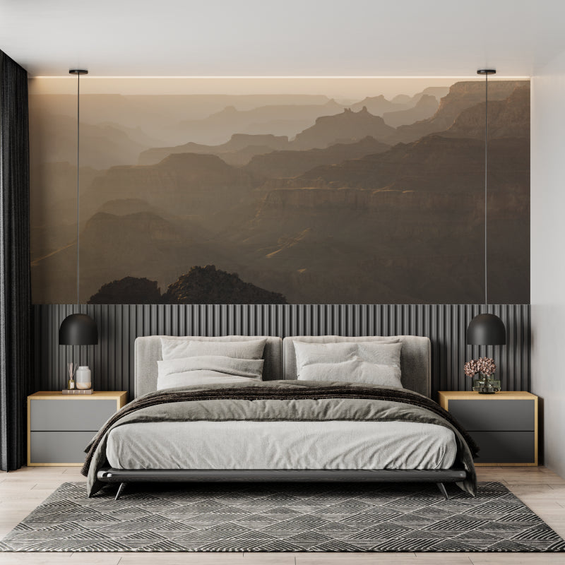 Misty mountain mural adding depth to hallway space