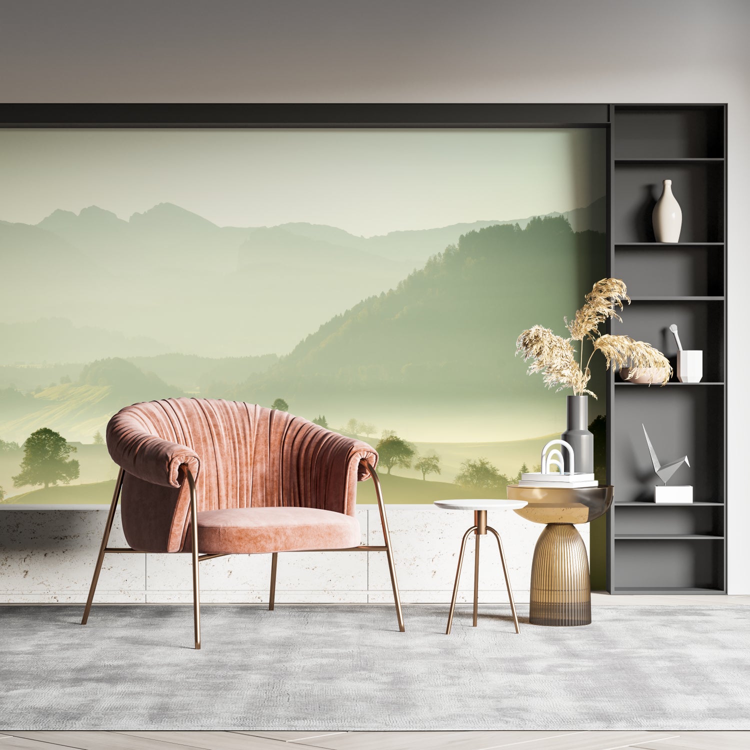 Mountain wall mural showcased in a minimalist home office with desk and chair