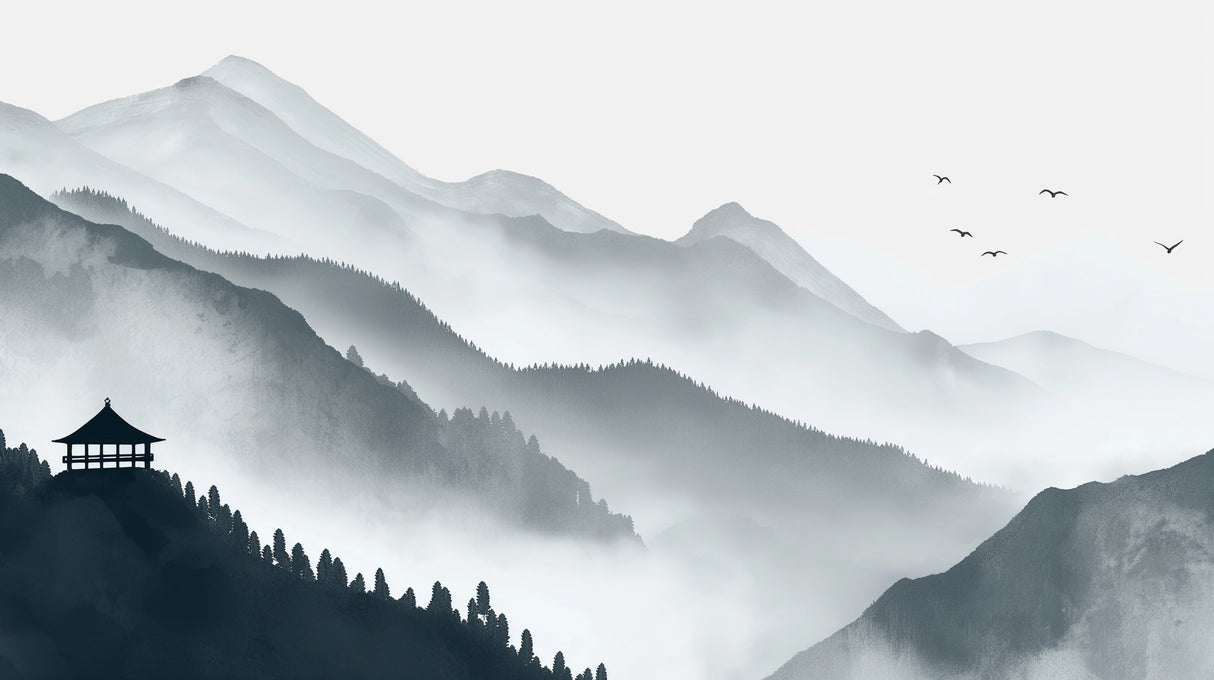 Mountain landscape wallpaper creating depth in modern living room with grey sofa and natural light