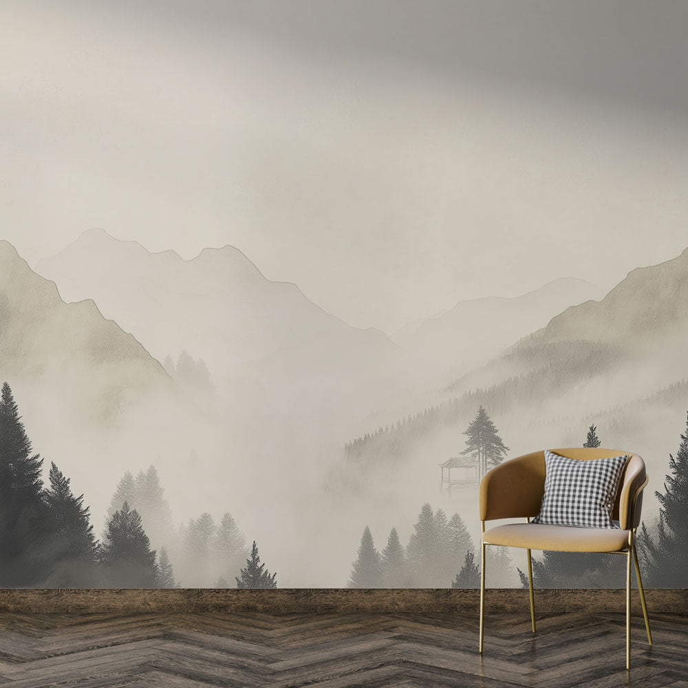 Mountain landscape wallpaper creating a peaceful atmosphere in a minimalist living room with grey sofa and natural decor