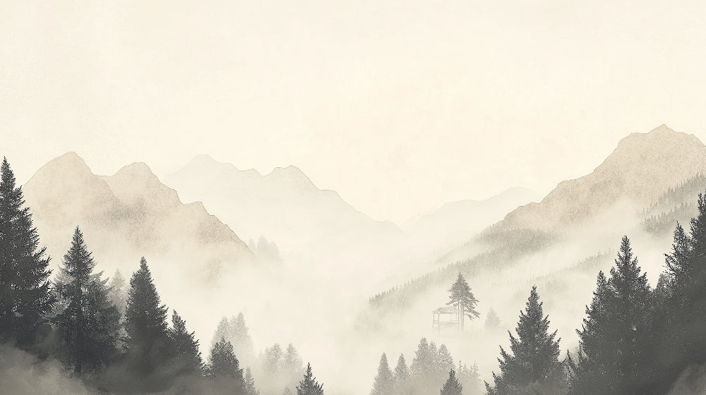 Mountain mural wallpaper design file showing misty forest landscape pattern with layered grey tones