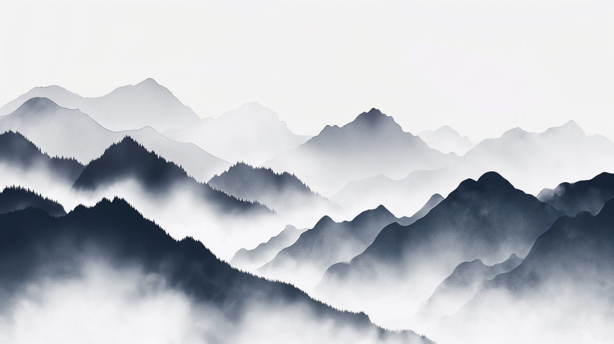 Mountain mural wallpaper creating depth in a modern living room with grey sofa and natural light