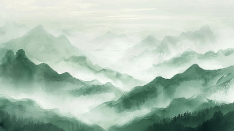 Design file showing detailed misty mountain landscape pattern with soft green forest tones
