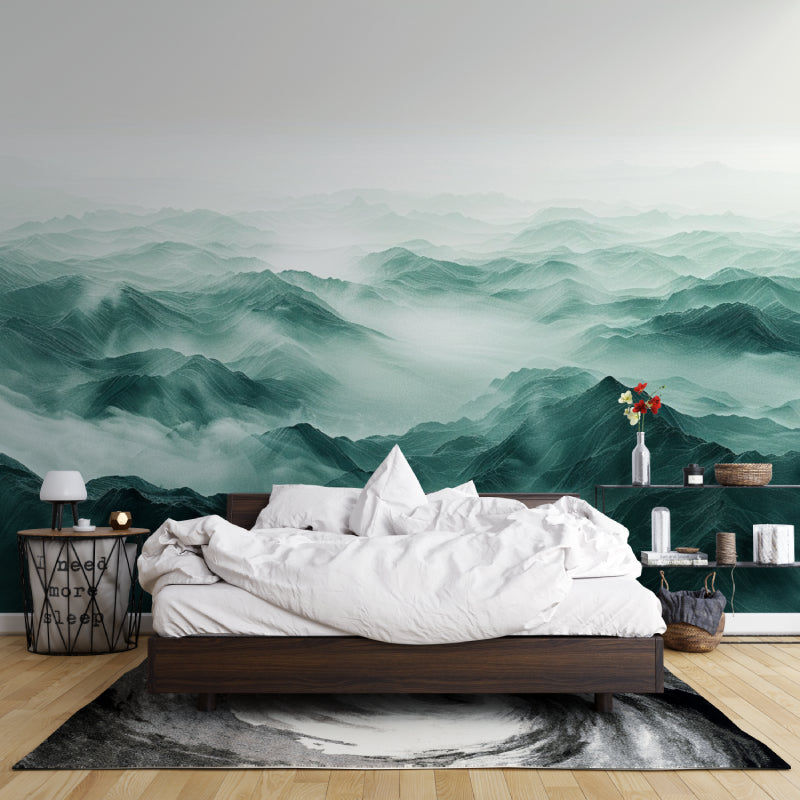 Peaceful mountain mural in master bedroom showing morning mist effect