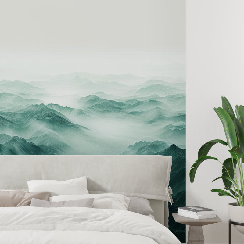 Green mountain wallpaper transforming home office space with natural view