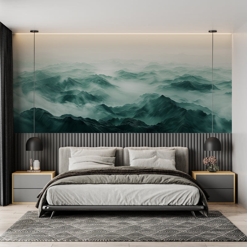 Mountain wall mural creating calm atmosphere in meditation room
