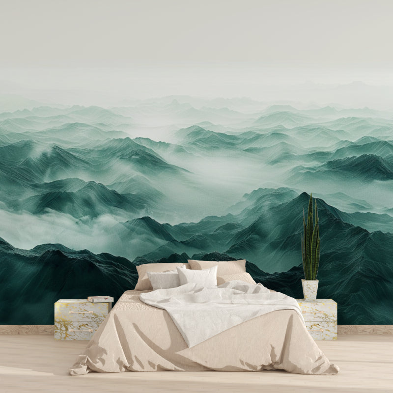 Misty mountain landscape mural adding depth to dining room setting