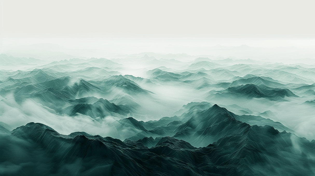 Mountain landscape wallpaper design file showing detailed misty peaks and green valleys