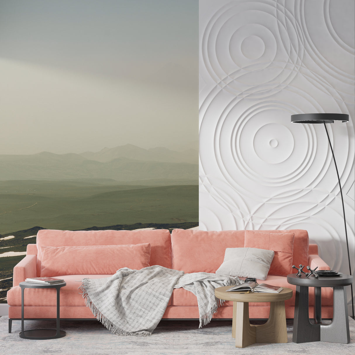 Mountain landscape wallpaper creating a calm atmosphere in a modern living room with minimalist furniture