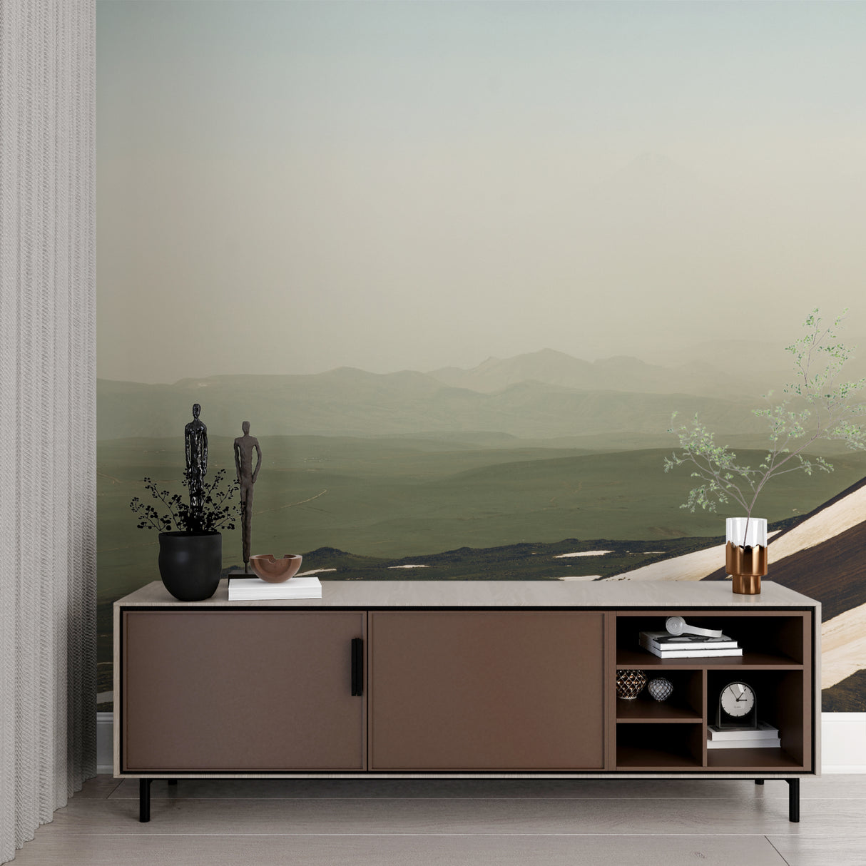 Green mountain mural with white waves pattern adding depth to a cozy bedroom setting