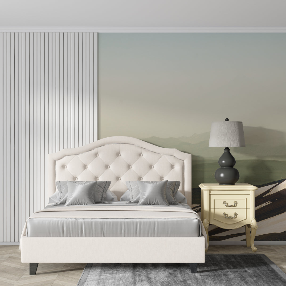 Misty mountain wallpaper creating a peaceful dining room ambiance