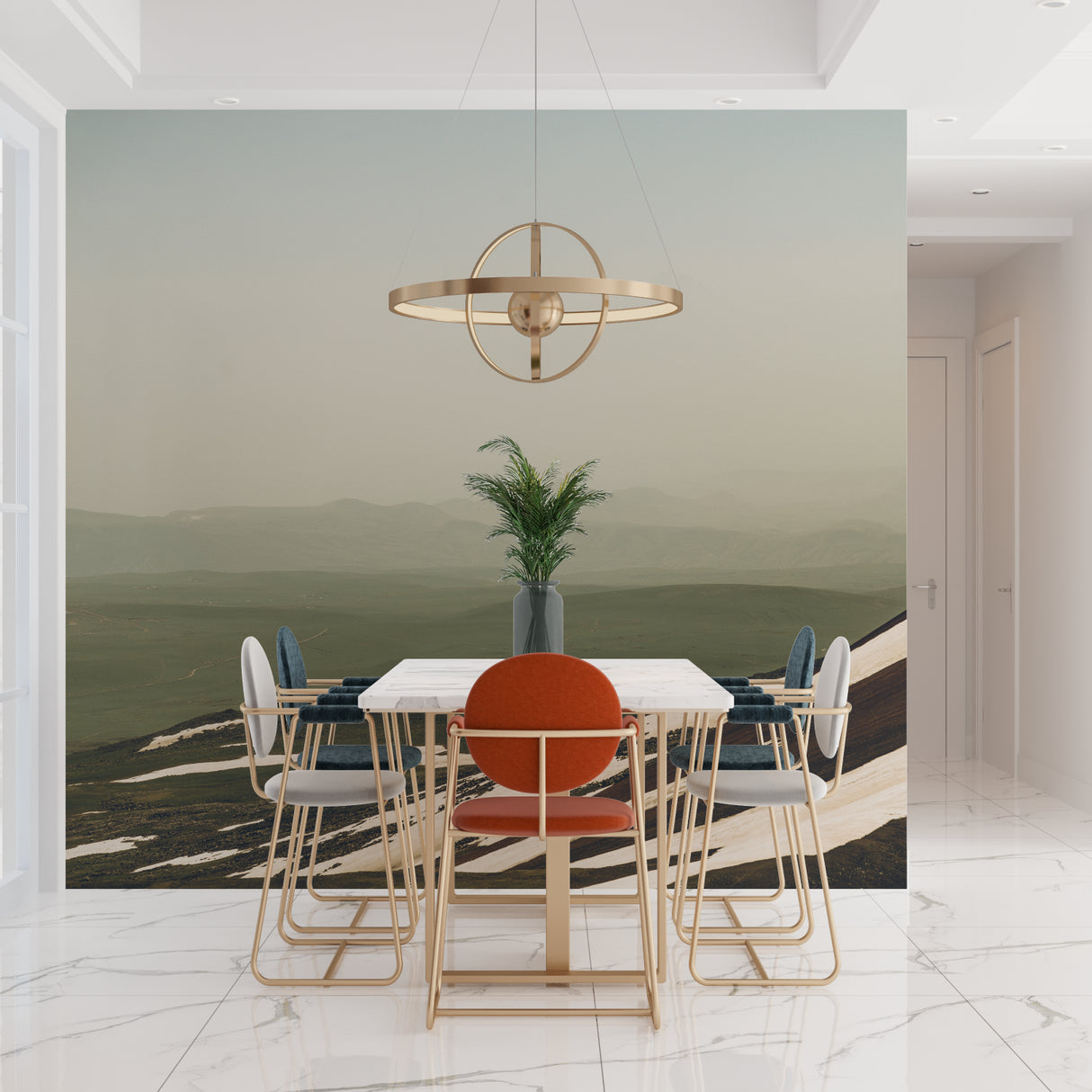 Sage green mountain mural enhancing a meditation space with soft natural tones