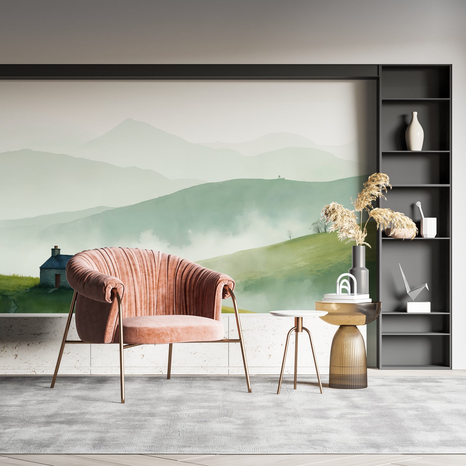 Mountain landscape wallpaper creating depth in a modern living room with natural light