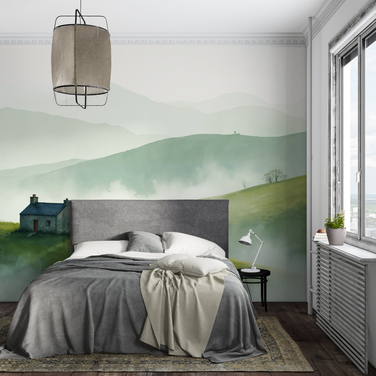 Misty mountain mural adding serenity to a master bedroom with minimal furniture