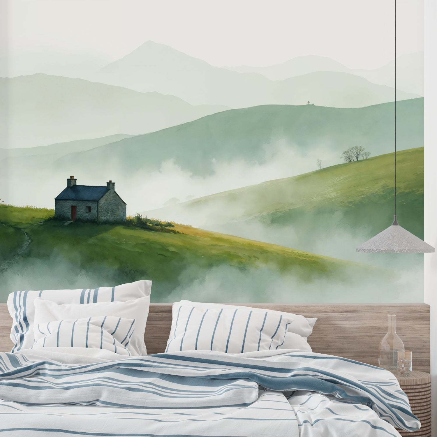 Watercolor mountain wallpaper transforming a home office into a peaceful workspace