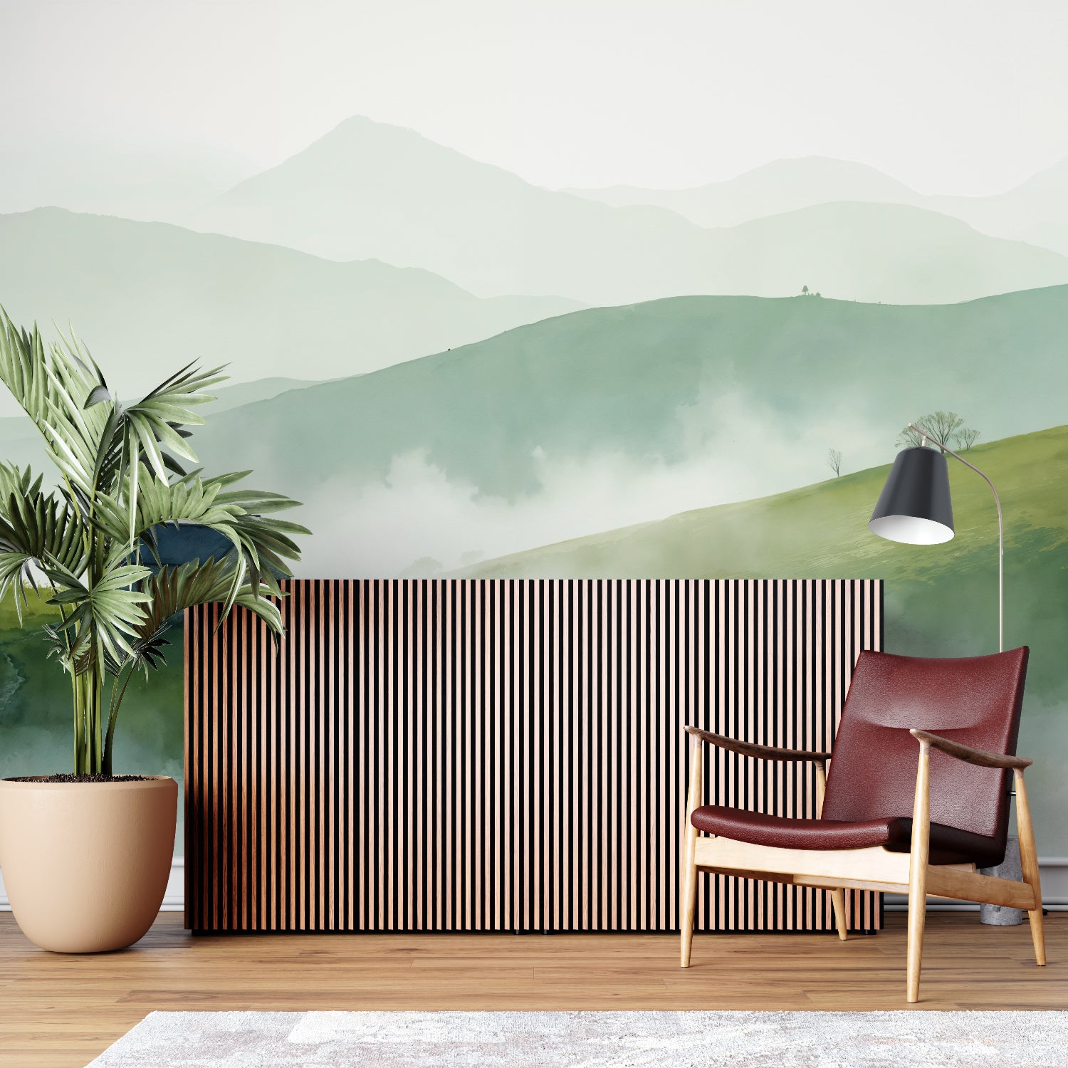 Green mountain landscape mural bringing nature into a dining room setting