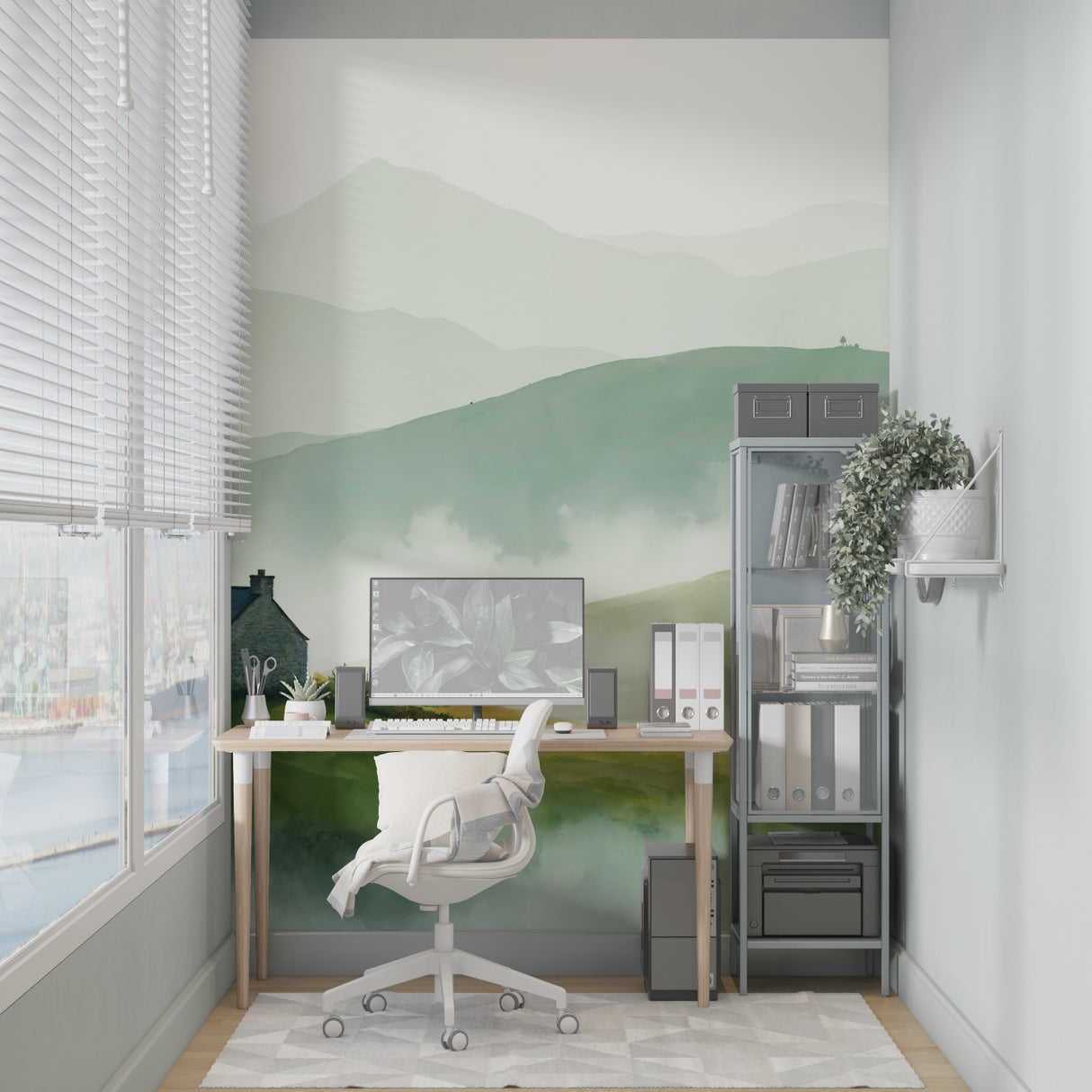 Mountain wall mural creating a calming atmosphere in a meditation space