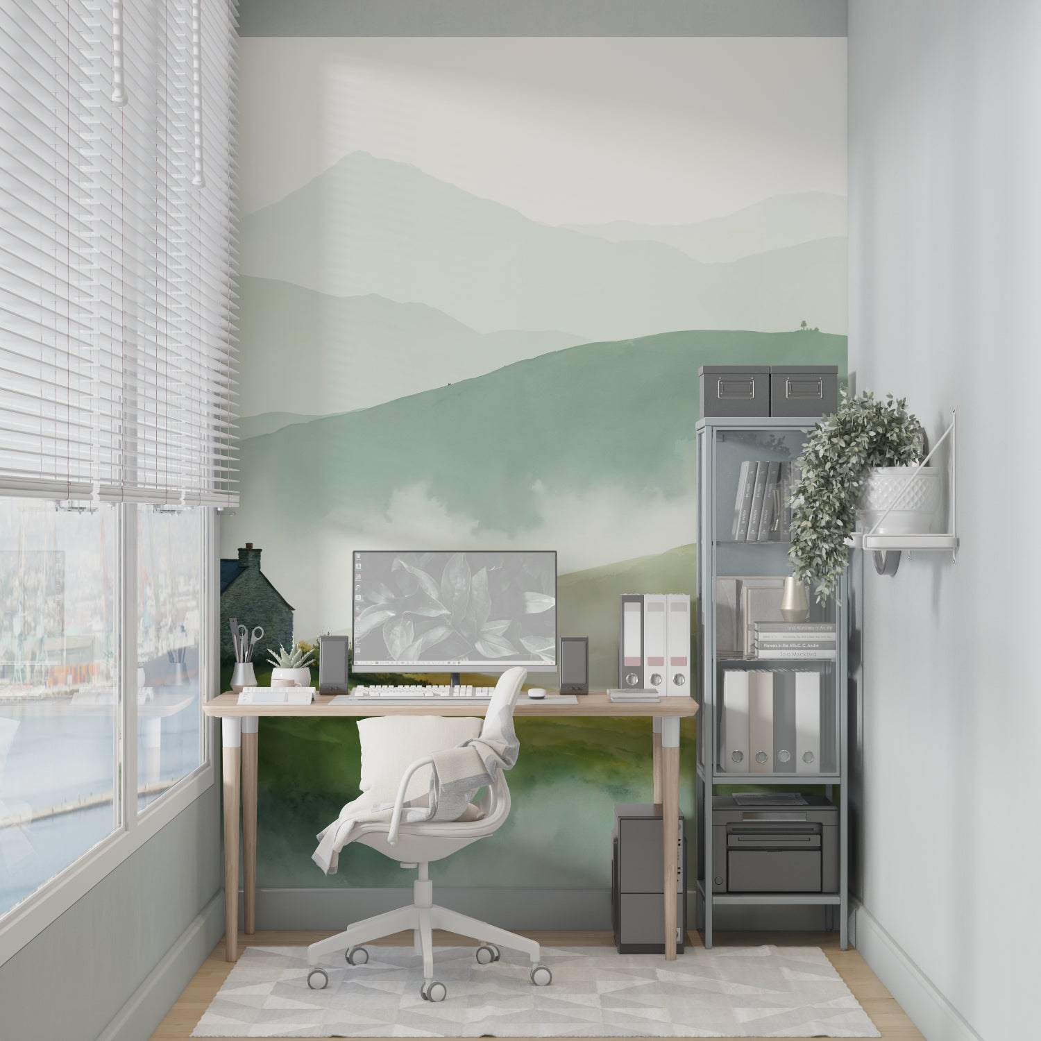 Mountain wall mural creating a calming atmosphere in a meditation space