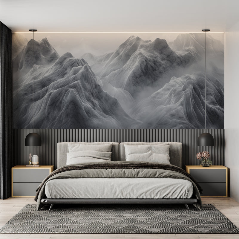 Minimalist bedroom featuring mountain peak wallpaper with soft morning light