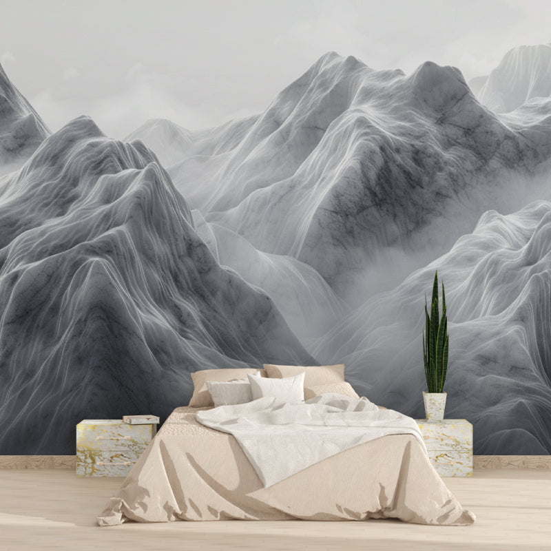 Home office space with abstract mountain mural creating a focused environment