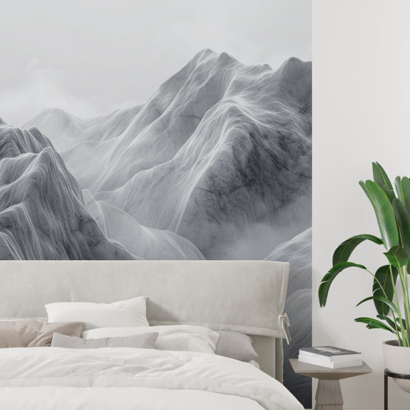 Mountain peak mural in meditation room with natural decor elements