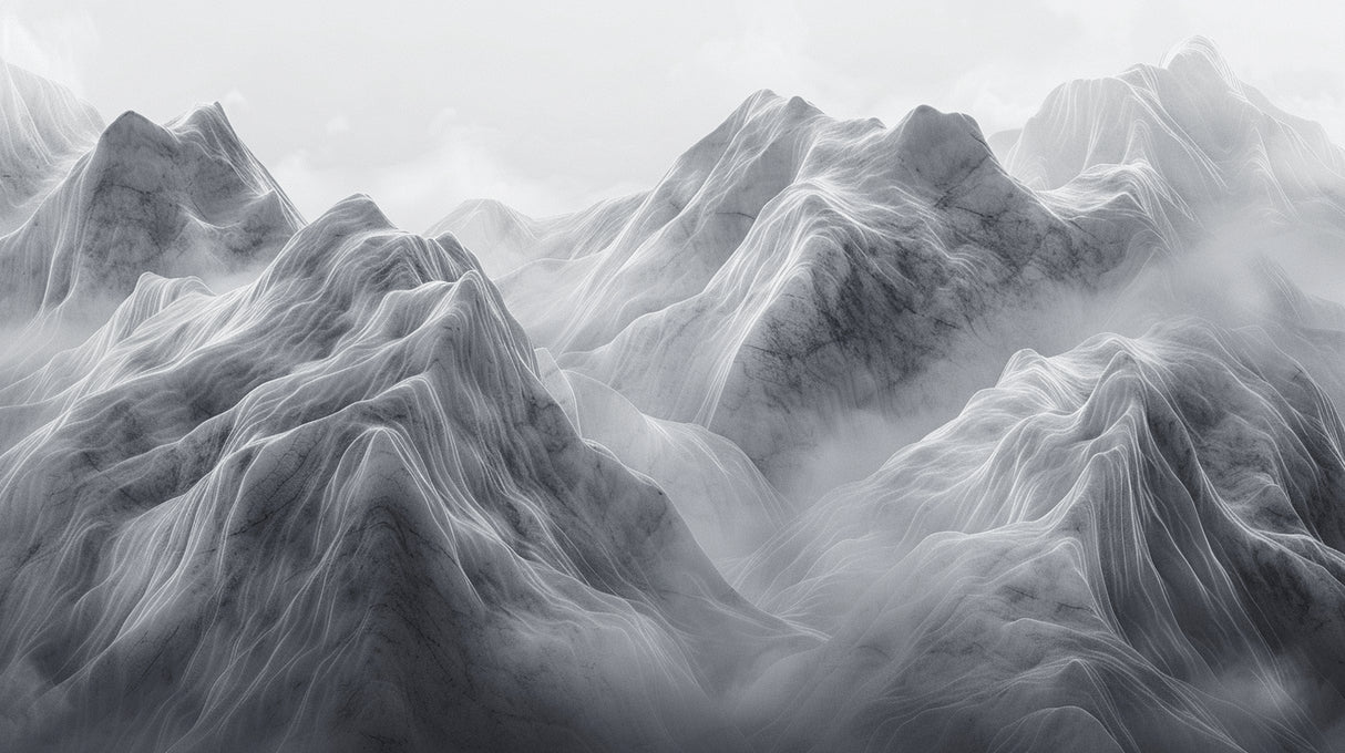 Mountain mural wallpaper design file showing detailed misty grey peaks pattern