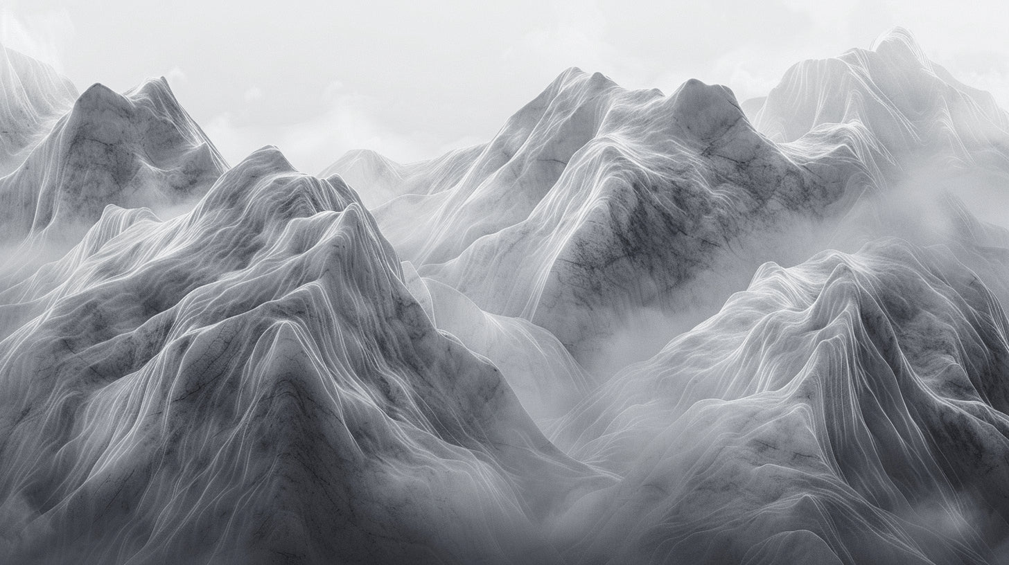 Mountain mural wallpaper design file showing detailed misty grey peaks pattern