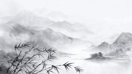 Design file showing detailed mountain landscape pattern with bamboo silhouettes and misty peaks