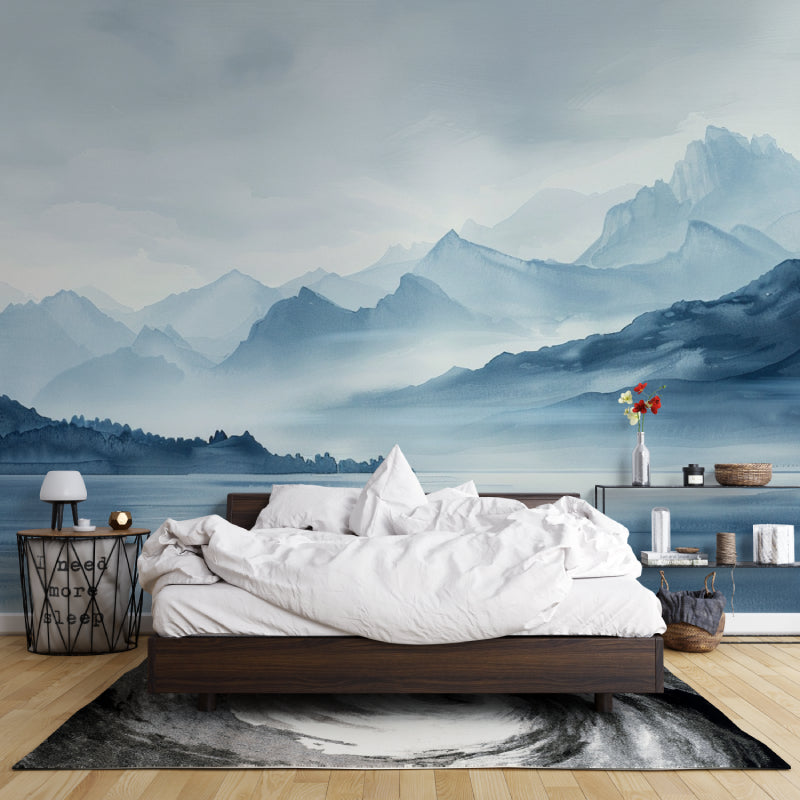 Misty mountain landscape mural in dining room with contemporary furniture