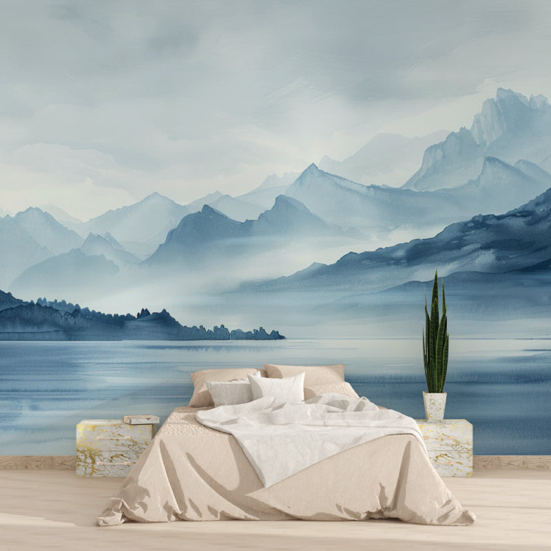Mountain lake wallpaper creating focal point in meditation room