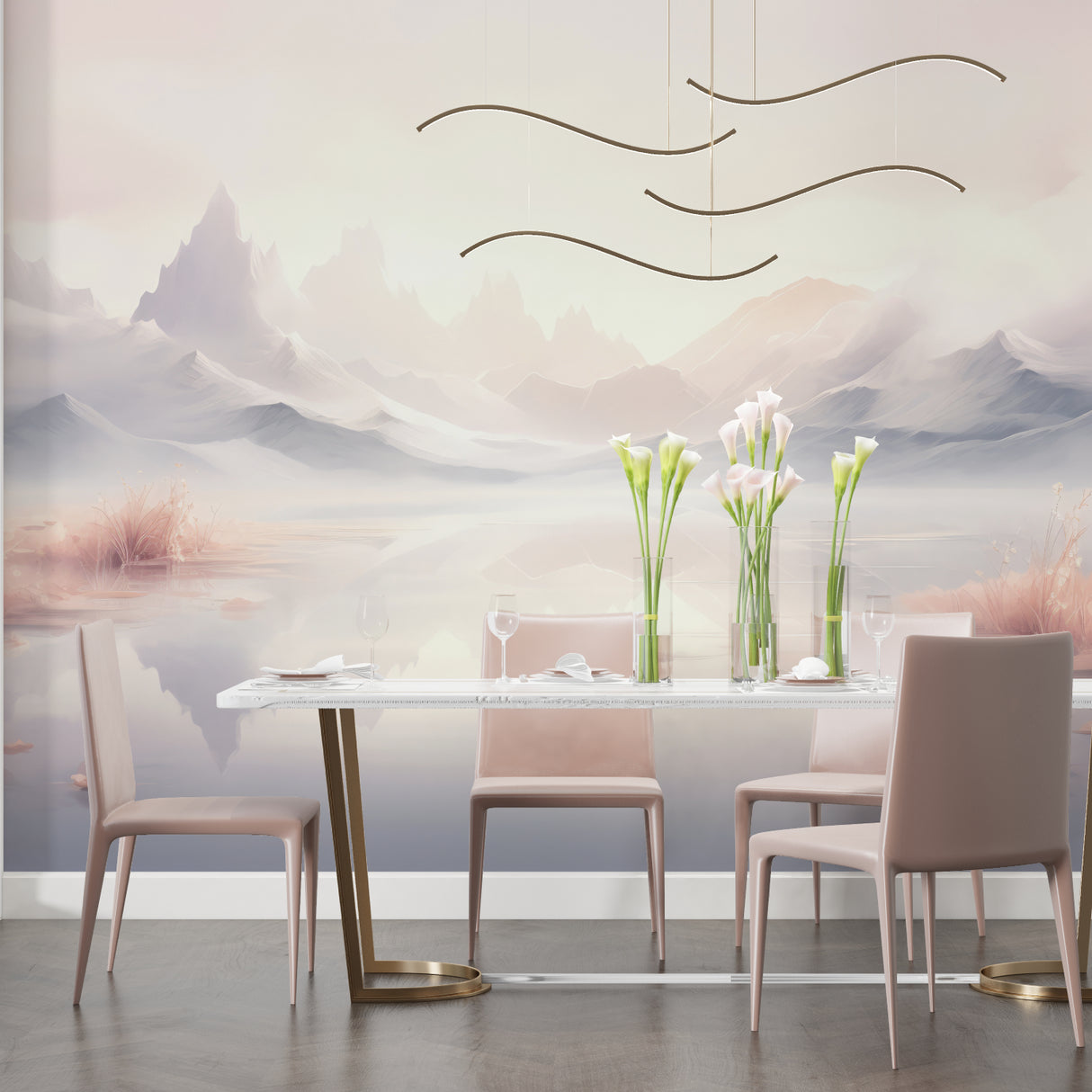 Watercolor mountain mural enhancing master bedroom wall with soft, dreamy lake scene