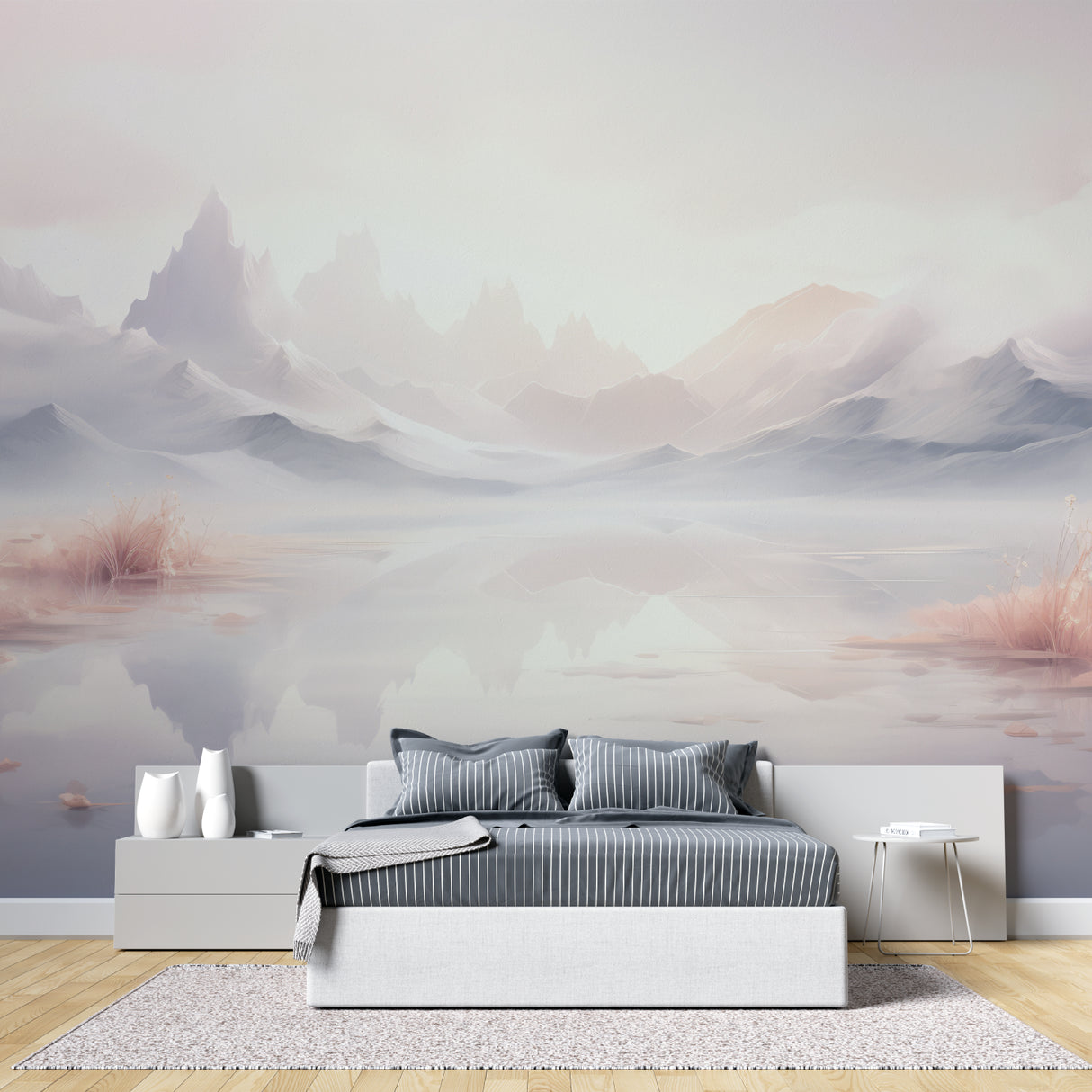 Mountain wall mural bringing nature into minimalist dining room with misty lake vista