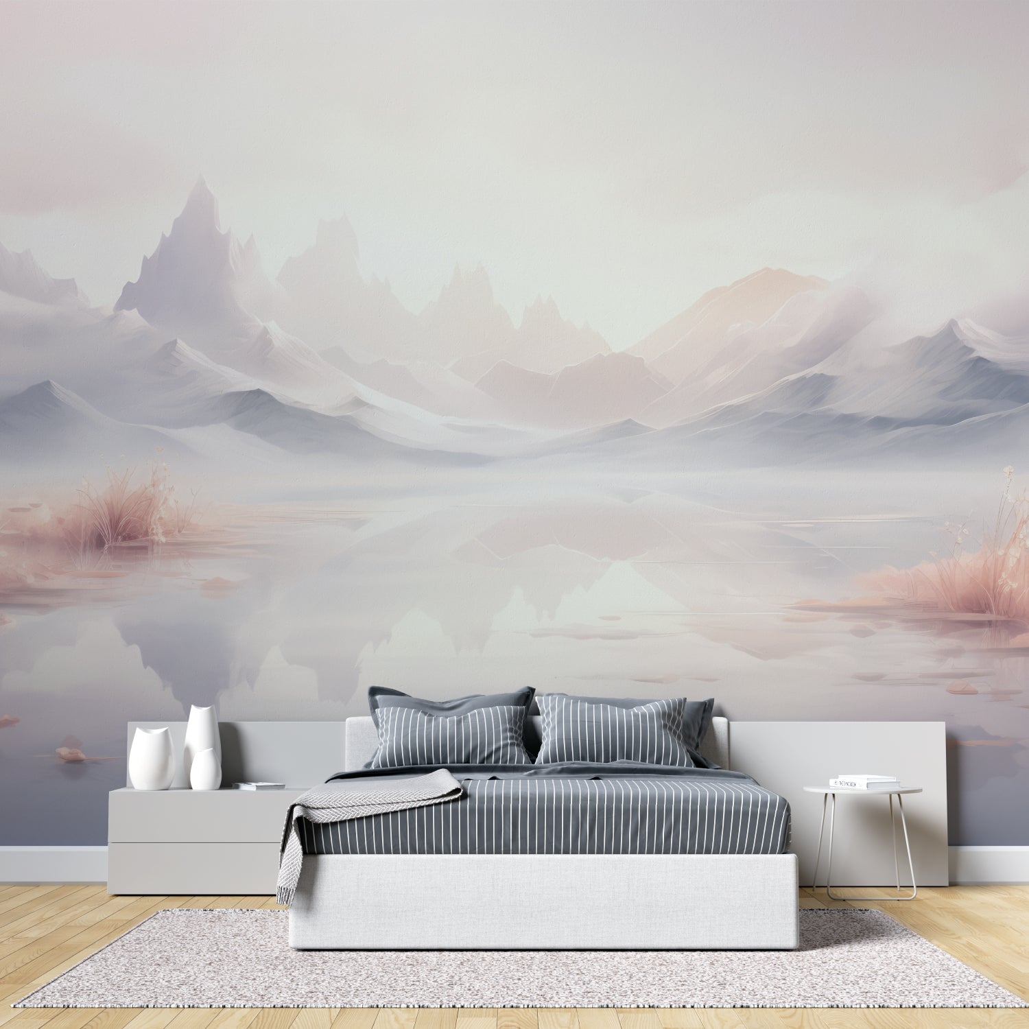 Mountain wall mural bringing nature into minimalist dining room with misty lake vista