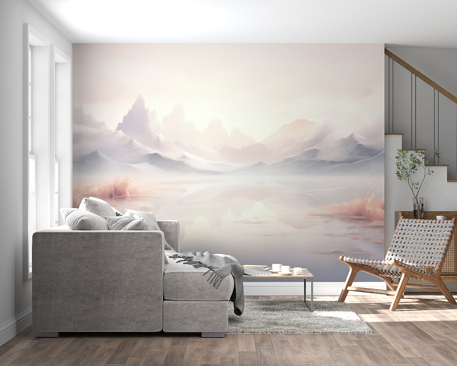 Serene mountain landscape wallpaper transforming home office with peaceful lake view