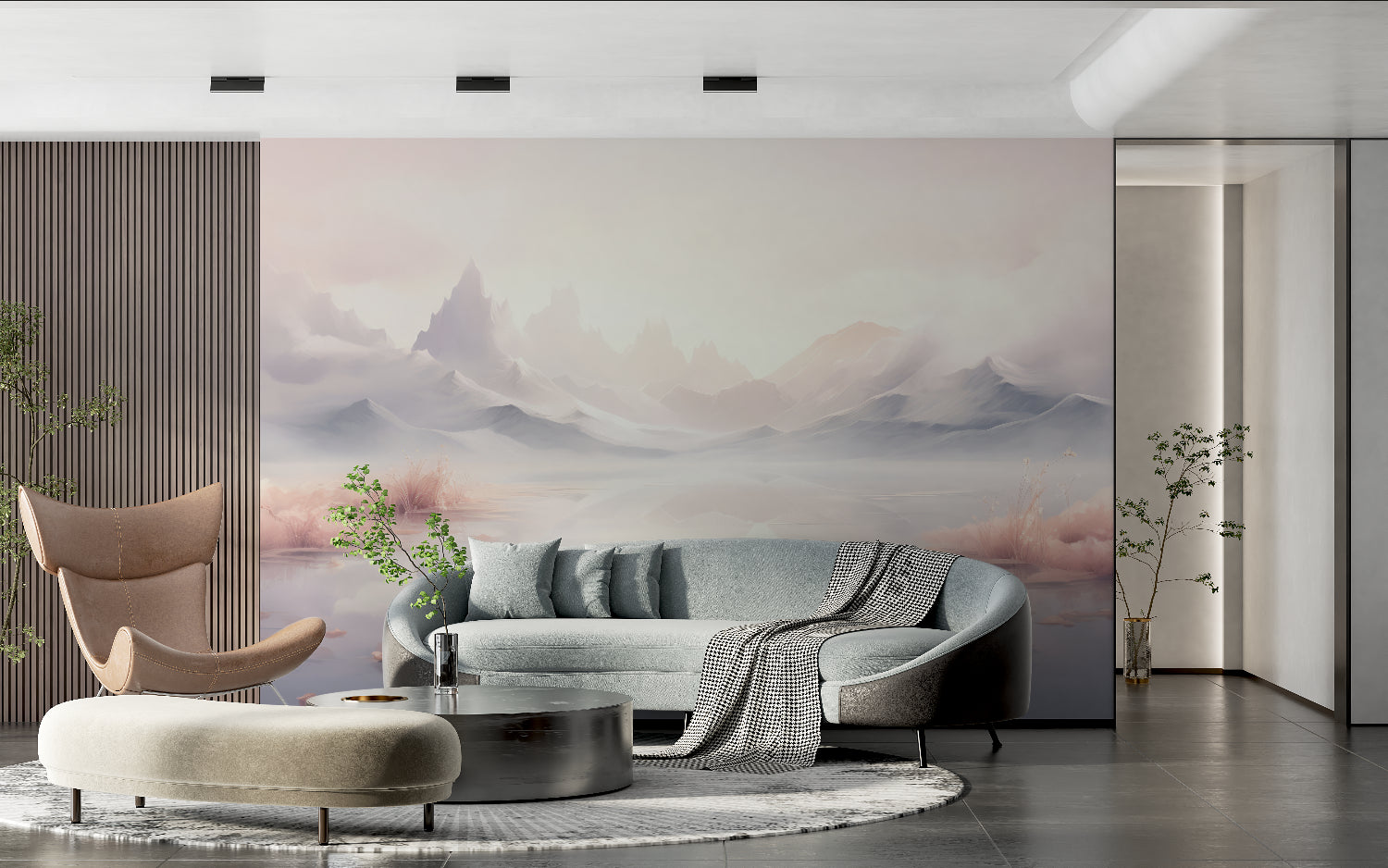 Misty mountain mural creating calm atmosphere in meditation room with lake reflection