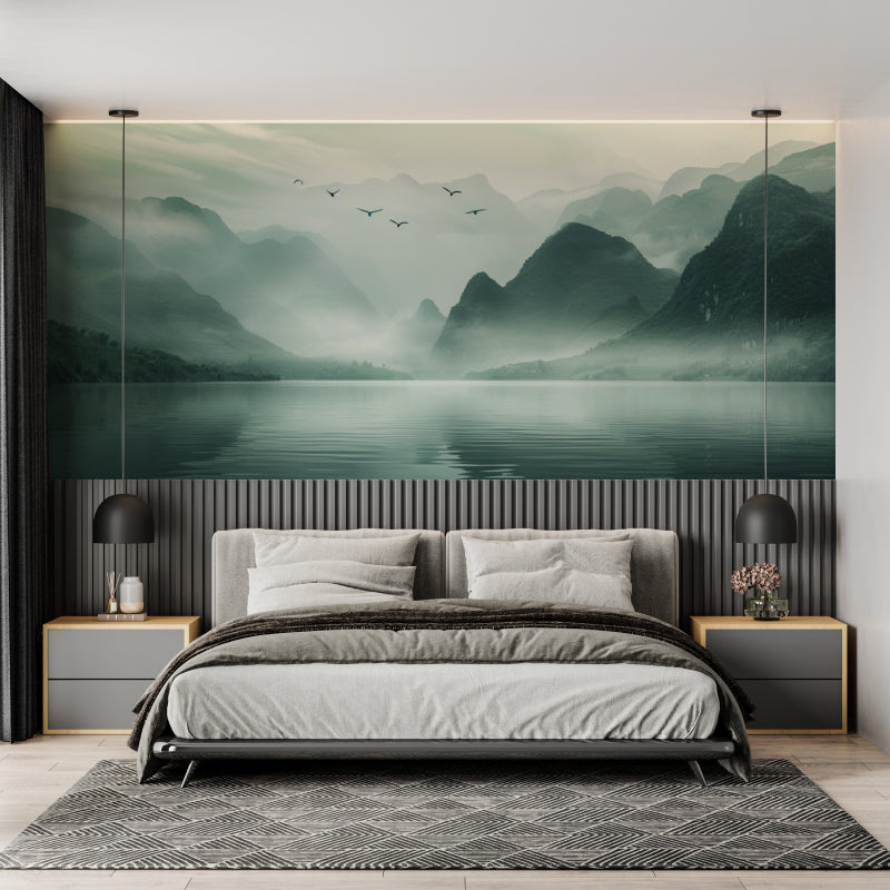 Dining room featuring mountain wall mural with soft morning light effect