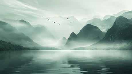 Mountain lake design file showing detailed misty peaks and birds in flight